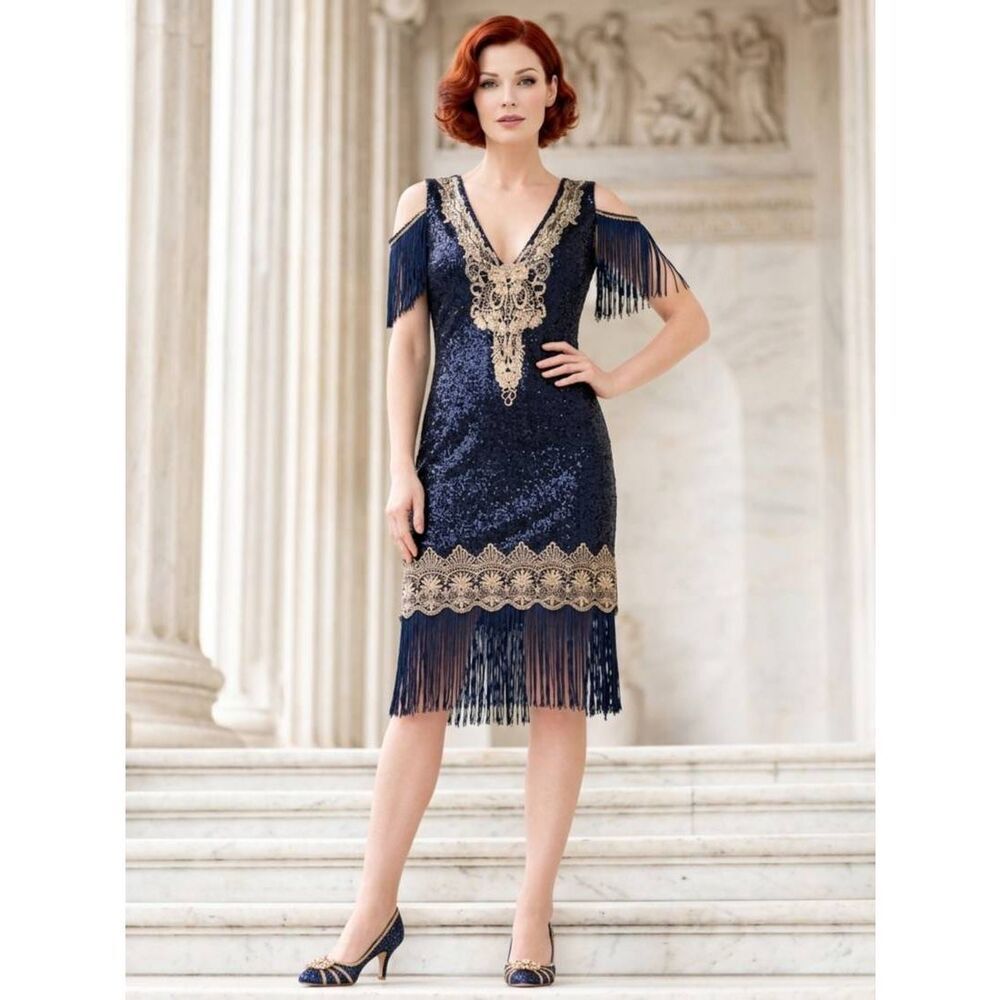 ☔️🔹️Black & Gold Embroidered Fringe  Flapper Dress Small